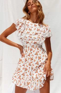 Selfie Leslie Hello Sunshine Lace Trim Ruffle Shoulder Dress Floral Print White/Orange