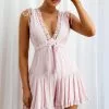 Selfie Leslie Bordeaux Drawstring Lace Trim Romper Pink