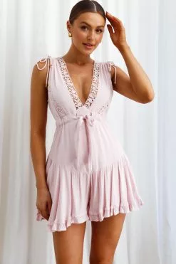 Selfie Leslie Bordeaux Drawstring Lace Trim Romper Pink
