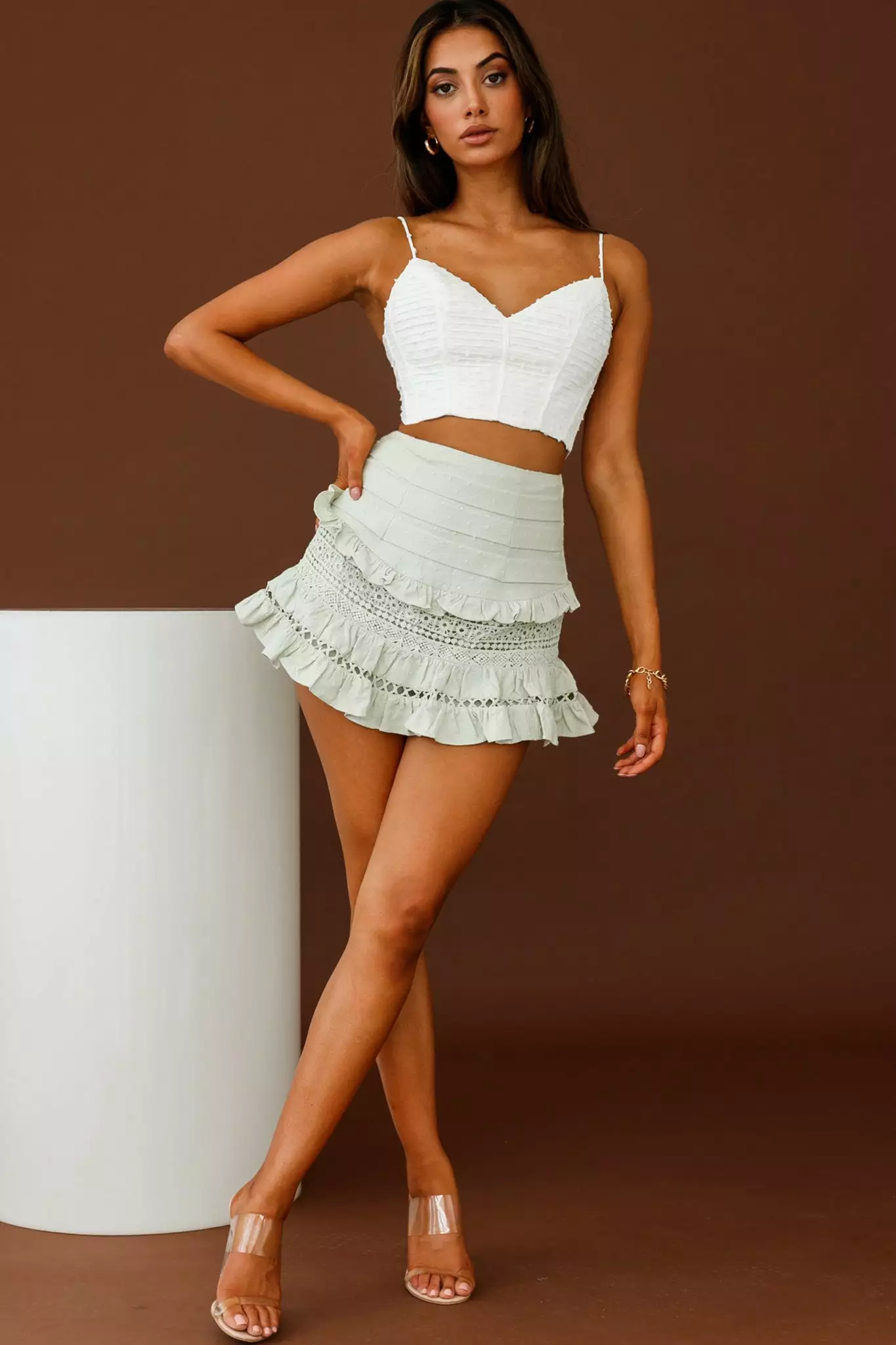 Selfie Leslie Perfect Timing Pleated Waist Frill Trim Mini Skirt Sage - Image 2