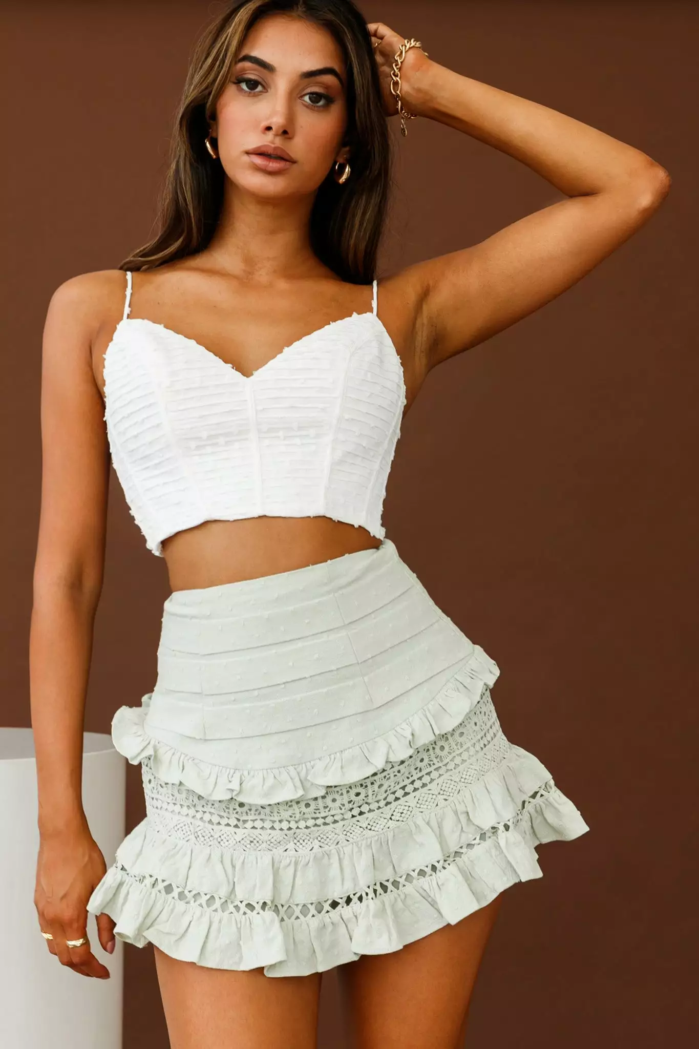 Selfie Leslie Perfect Timing Pleated Waist Frill Trim Mini Skirt Sage