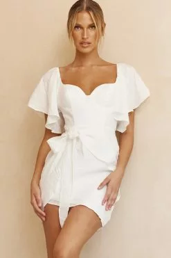 Selfie Leslie Aphrodite Molded Bust Angel Sleeve Wrap Dress White