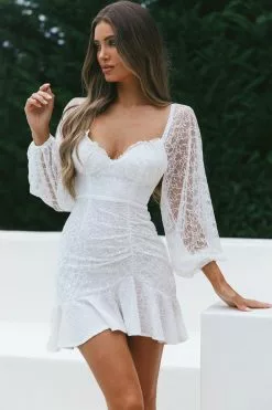 Selfie Leslie Halley Balloon Sleeve Frill Bust Flounce Hem Lace Dress White