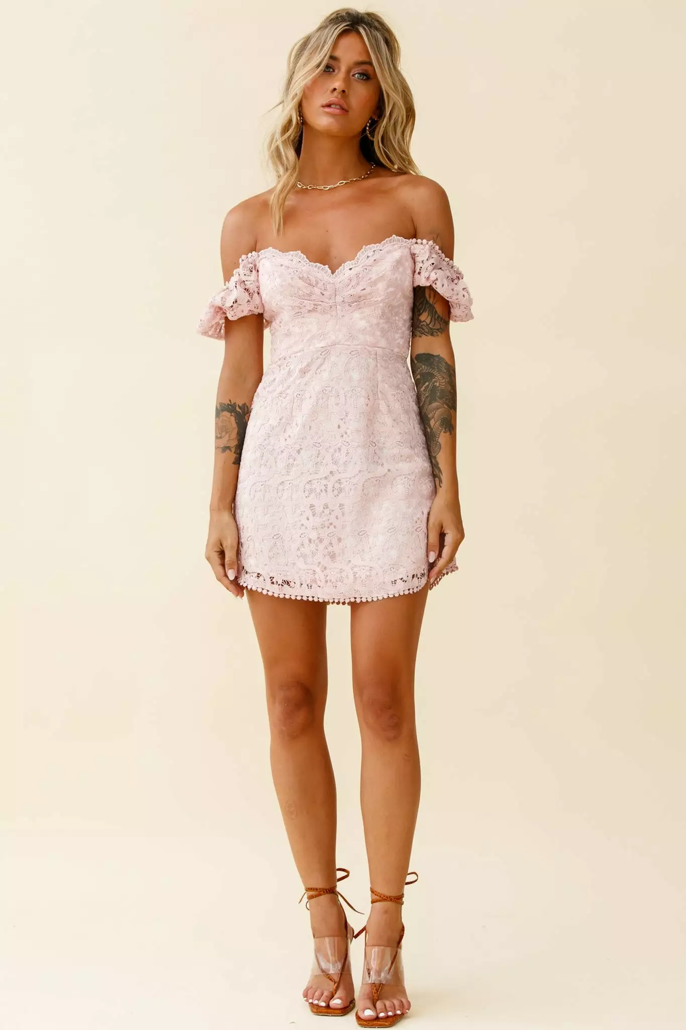 Selfie Leslie Costa Mesa Puff Sleeve Lace Overlay Dress Pink - Image 2