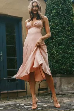 Selfie Leslie Lake Como Fitted Bodice Cami Strap Midi Dress Peach