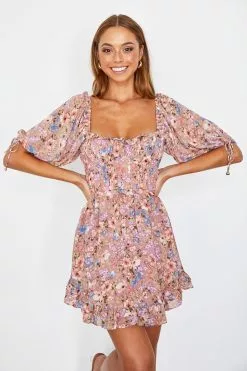 Angel Biba Kirra Puff Sleeve Ruched Bodice Dress Floral Pink