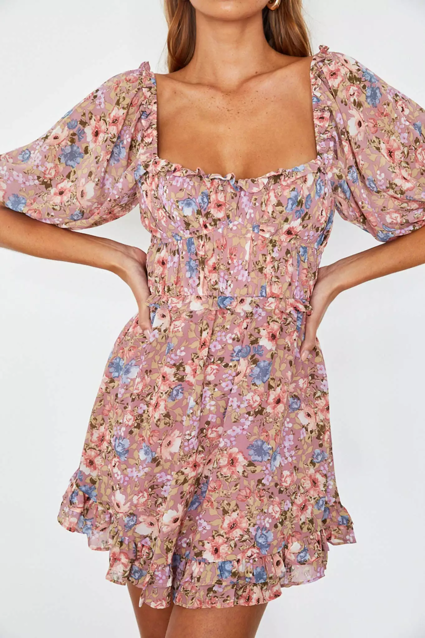 Angel Biba Kirra Puff Sleeve Ruched Bodice Dress Floral Pink - Image 4