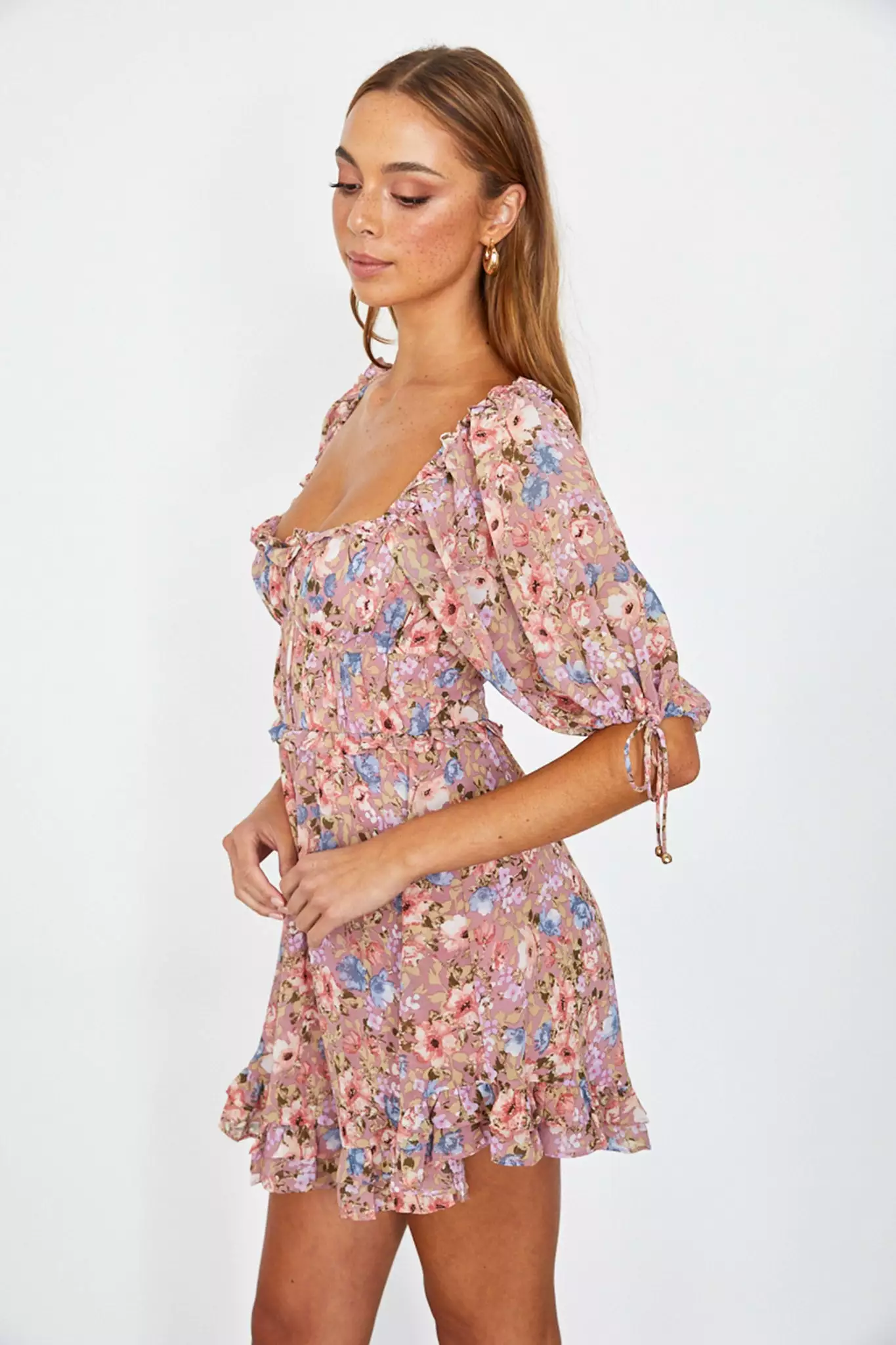 Angel Biba Kirra Puff Sleeve Ruched Bodice Dress Floral Pink - Image 5