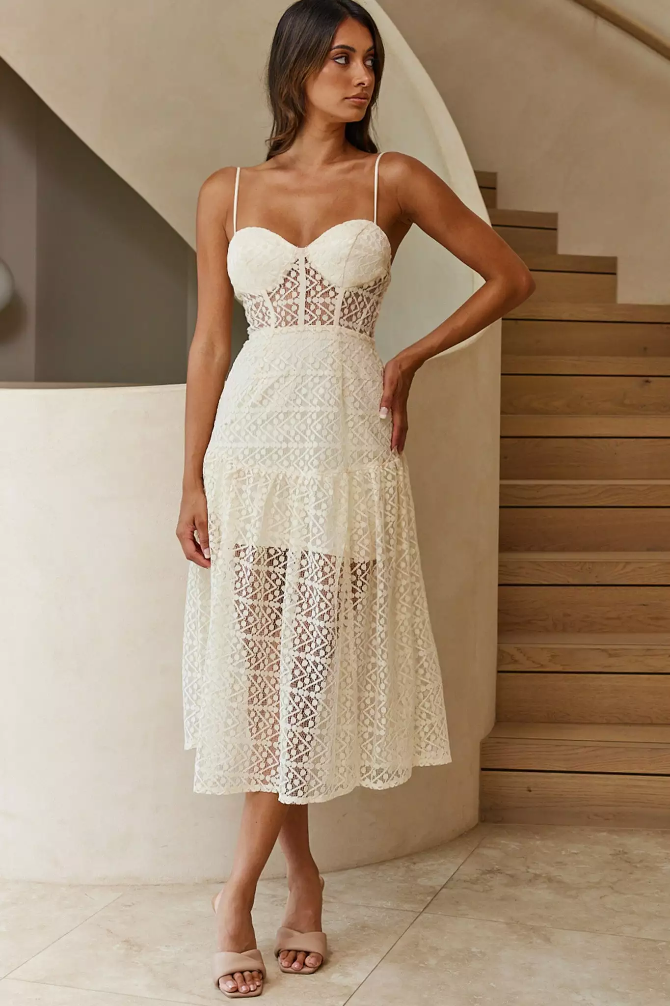 Selfie Leslie Daytona Lace Overlay Padded Bust Midi Dress Beige - Image 3