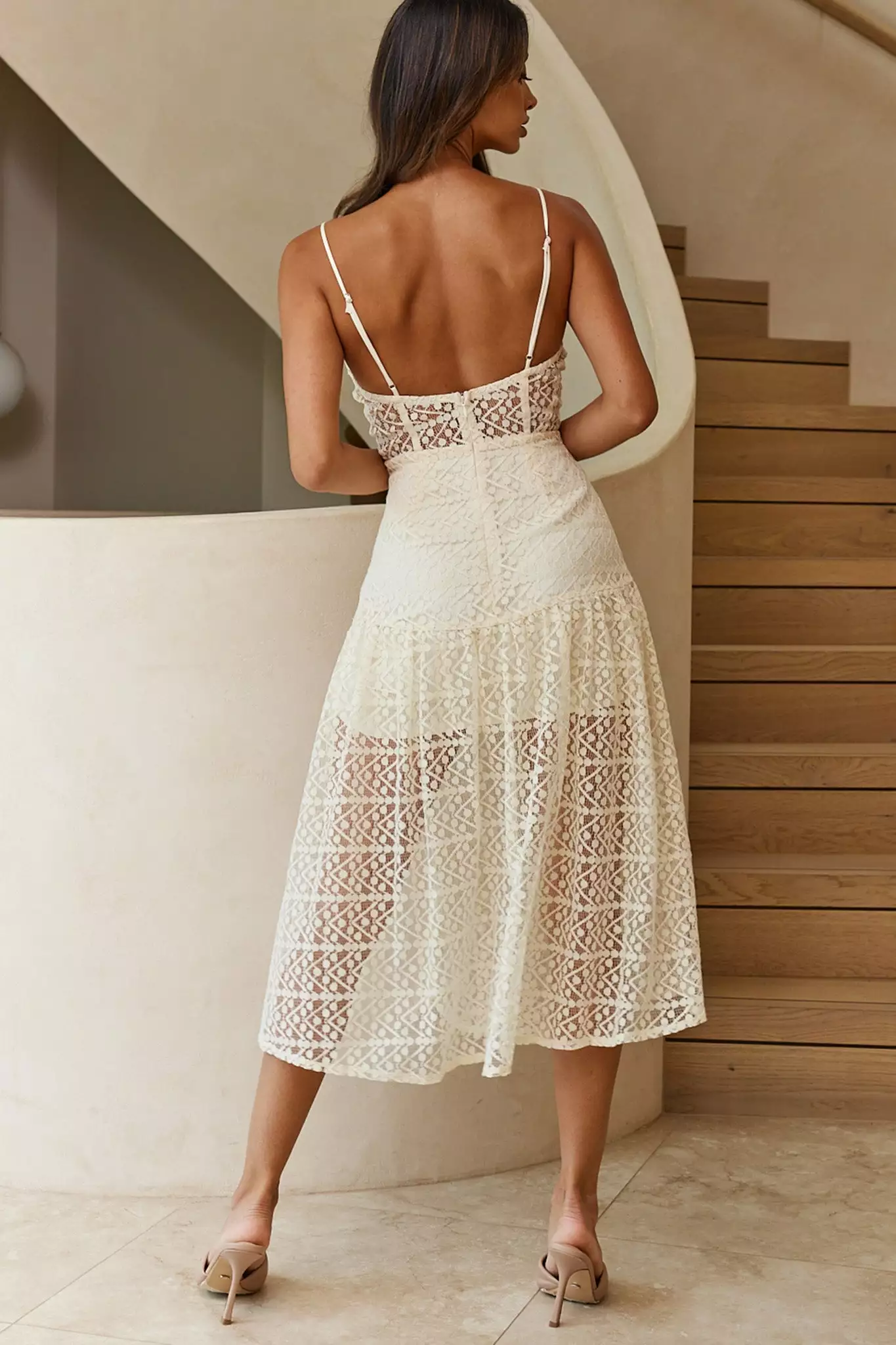 Selfie Leslie Daytona Lace Overlay Padded Bust Midi Dress Beige - Image 2