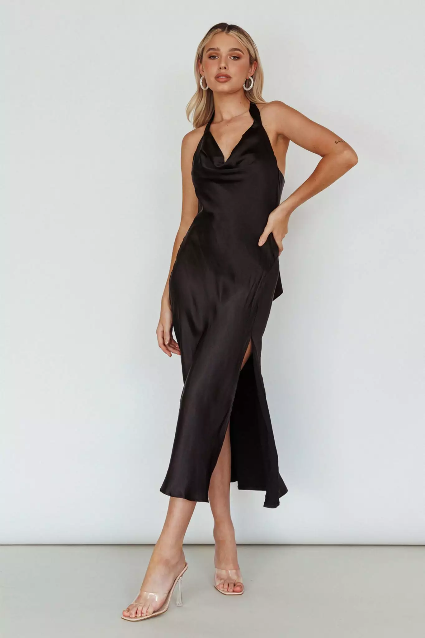 Here Comes The Sun Champagne Showers Halterneck Slip Midi Dress Black