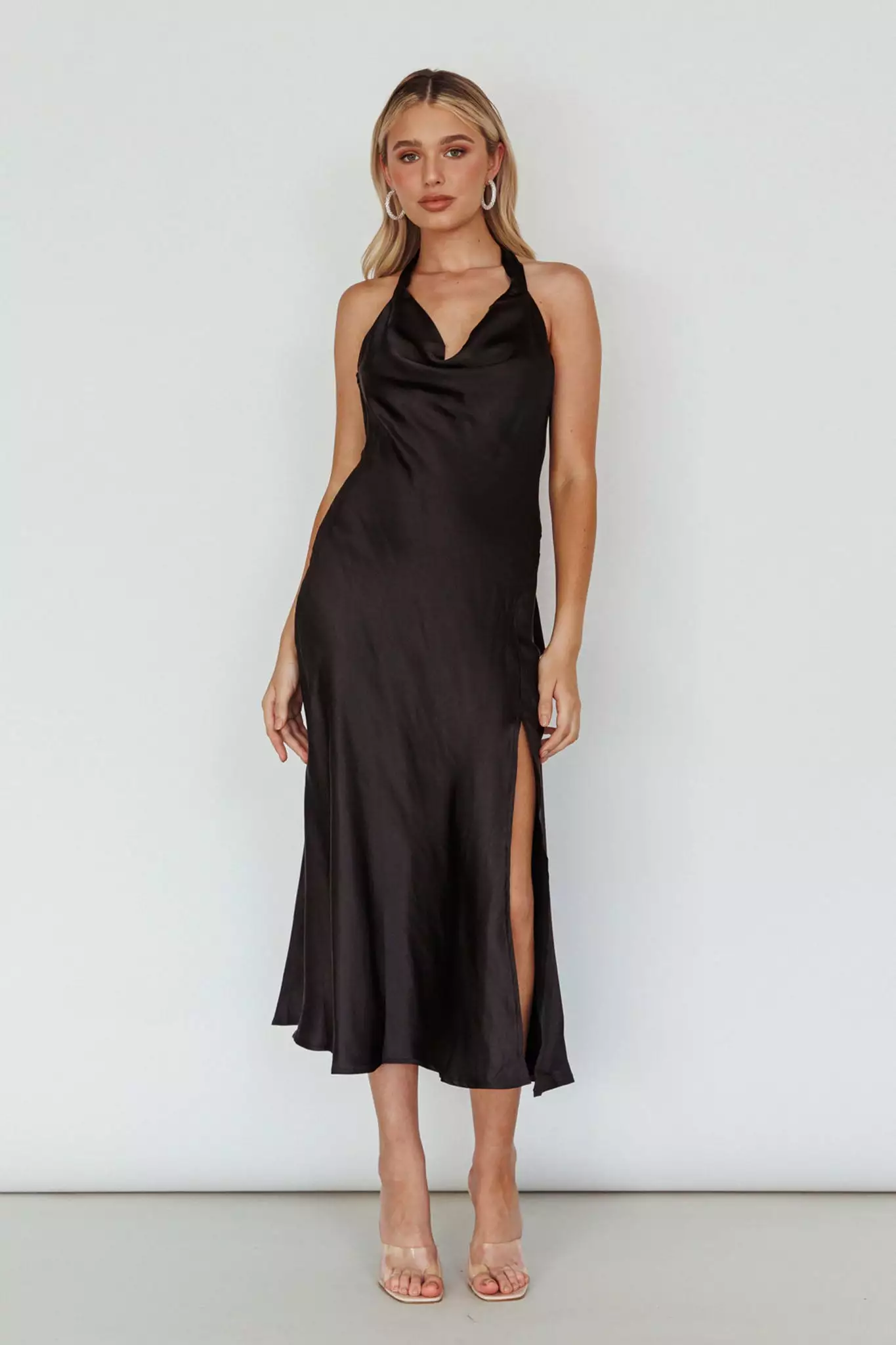 Here Comes The Sun Champagne Showers Halterneck Slip Midi Dress Black - Image 5