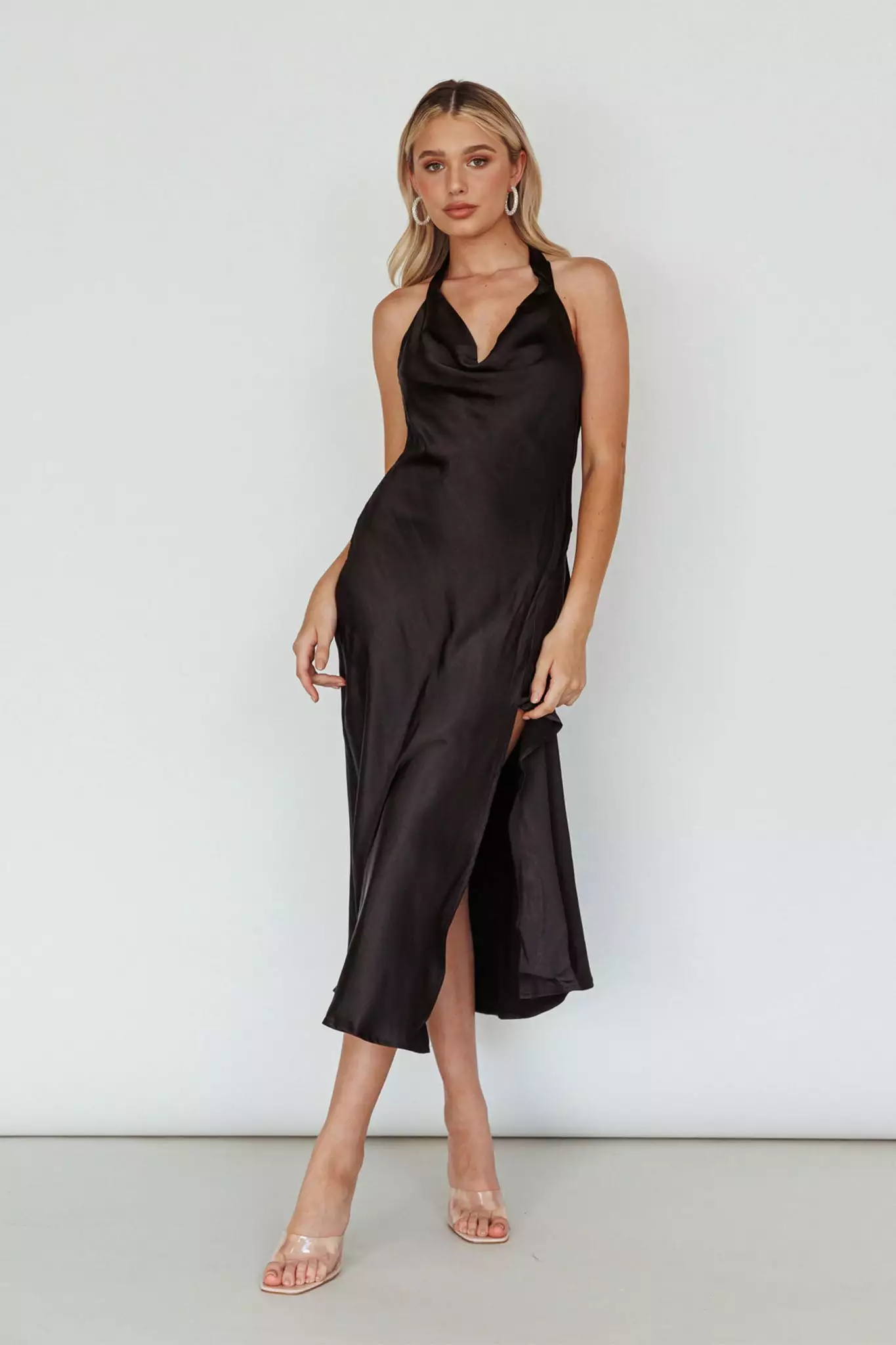 Here Comes The Sun Champagne Showers Halterneck Slip Midi Dress Black - Image 6