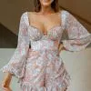 New Romance Long Sleeve Ruched Side Romper Floral Print Pink