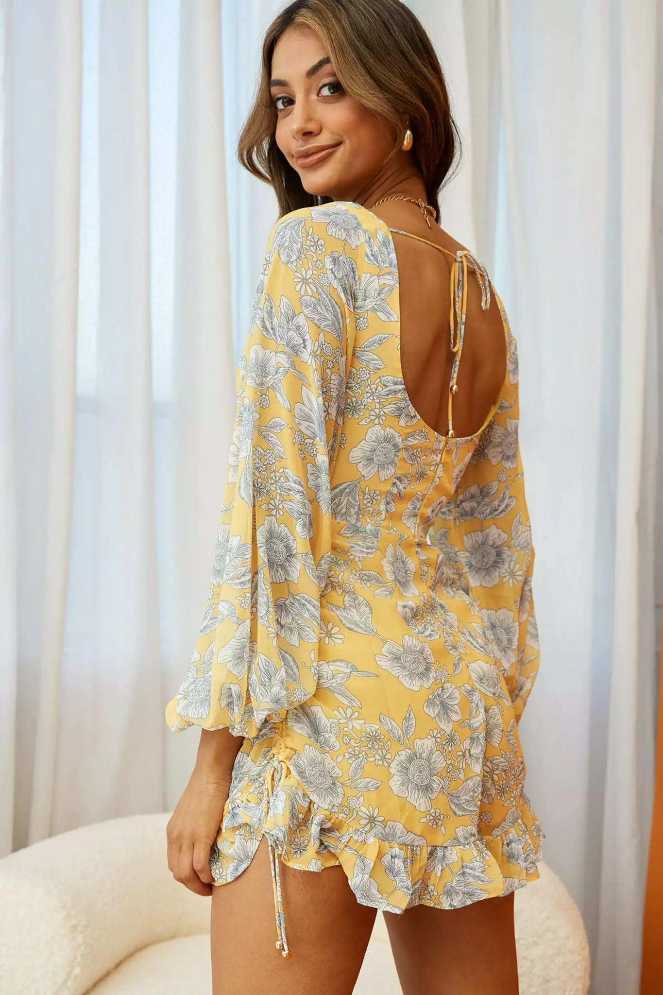 New Romance Long Sleeve Ruched Side Romper Floral Print Yellow - Image 2
