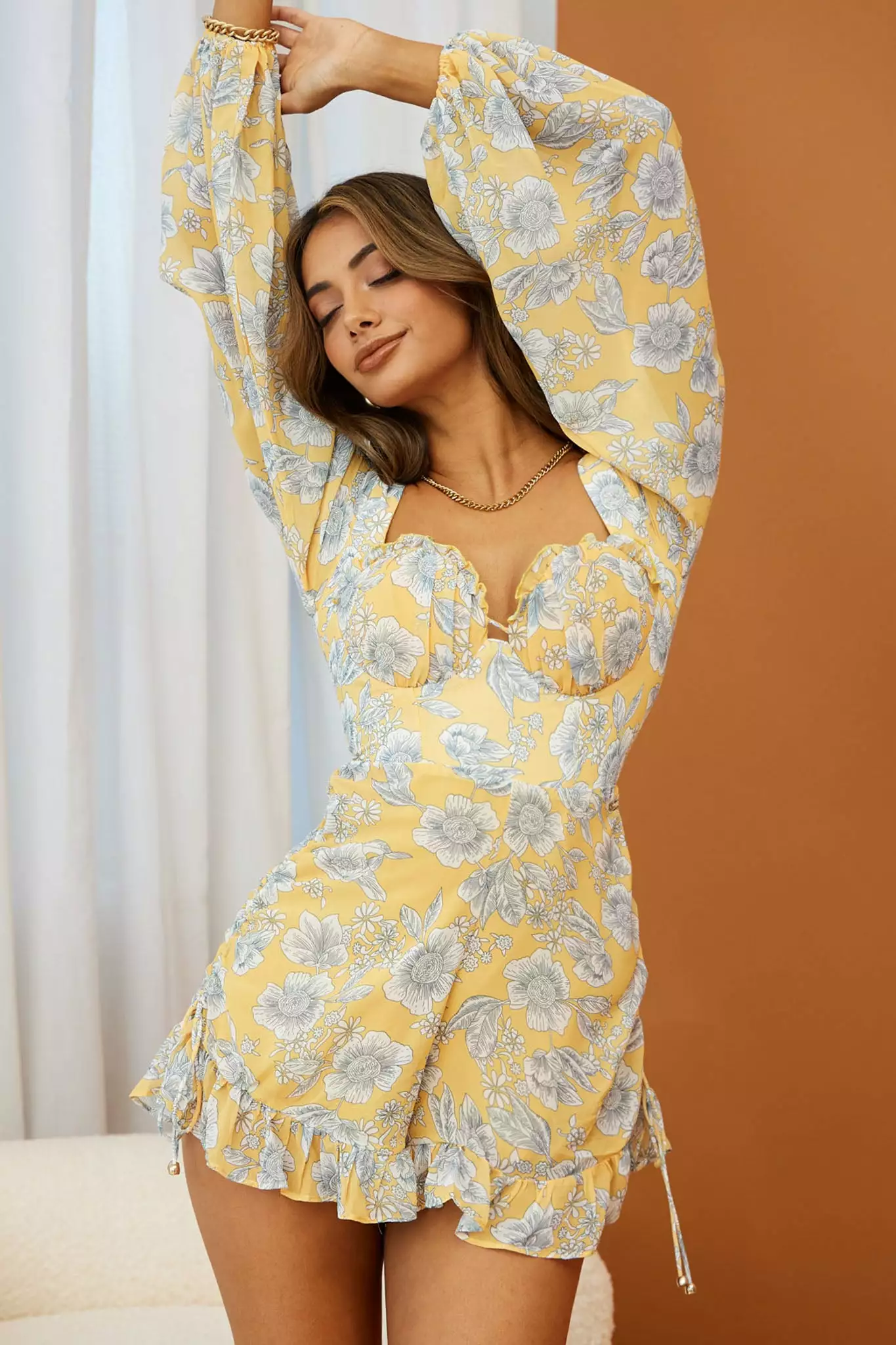 New Romance Long Sleeve Ruched Side Romper Floral Print Yellow - Image 6
