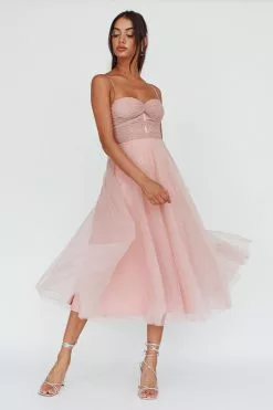 Angel Biba Smitten Lace Insert Tulle Midi Dress Blush