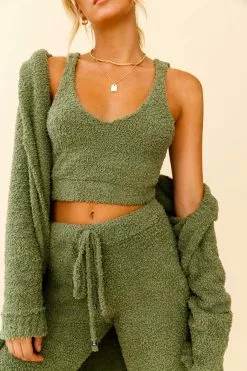 My Girl Fuzzy Knit Thick Strap Crop Top Sage