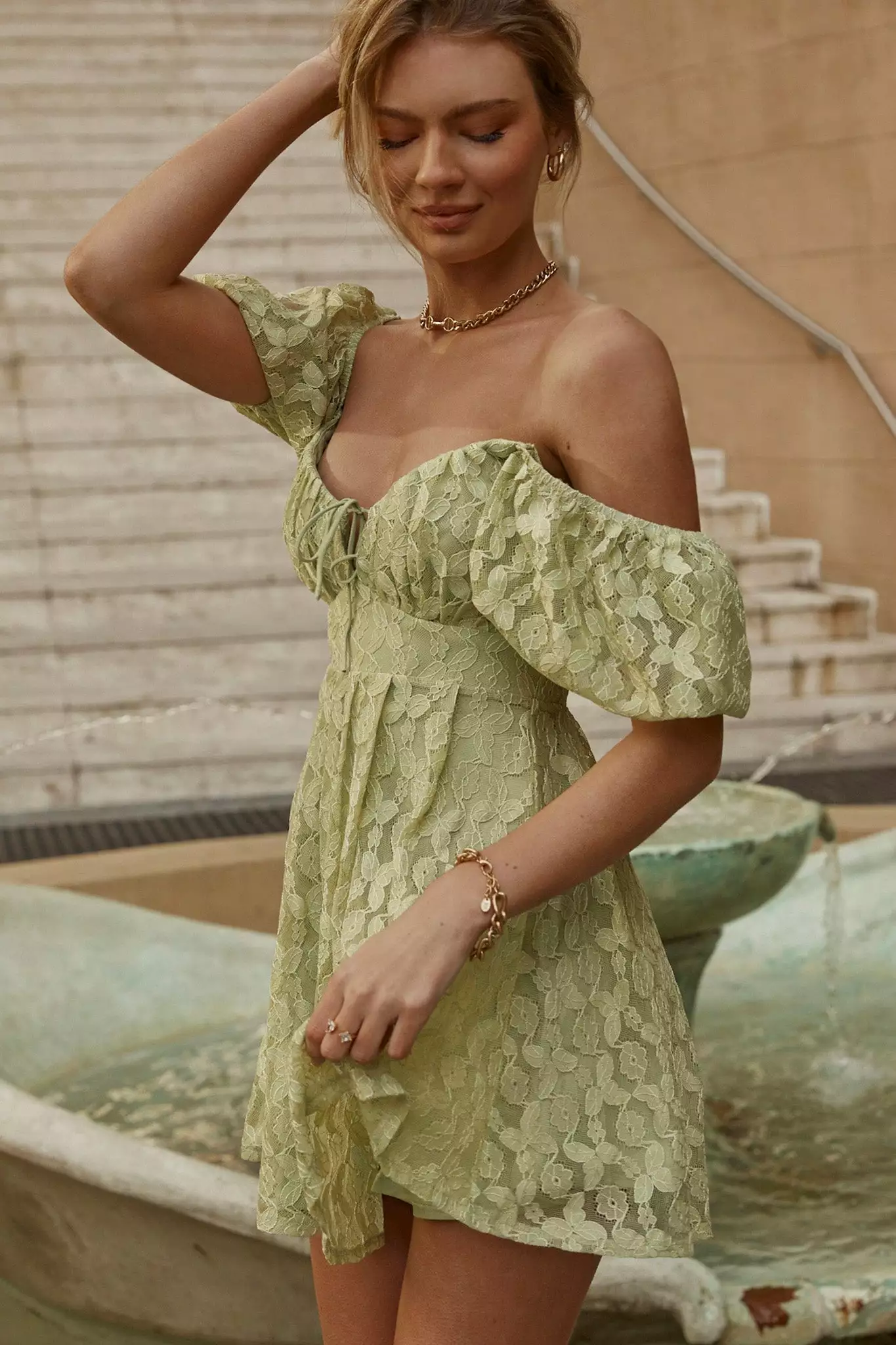 Selfie Leslie Lovers Gonna Love Puff Sleeve Lace Overlay Dress Sage - Image 3