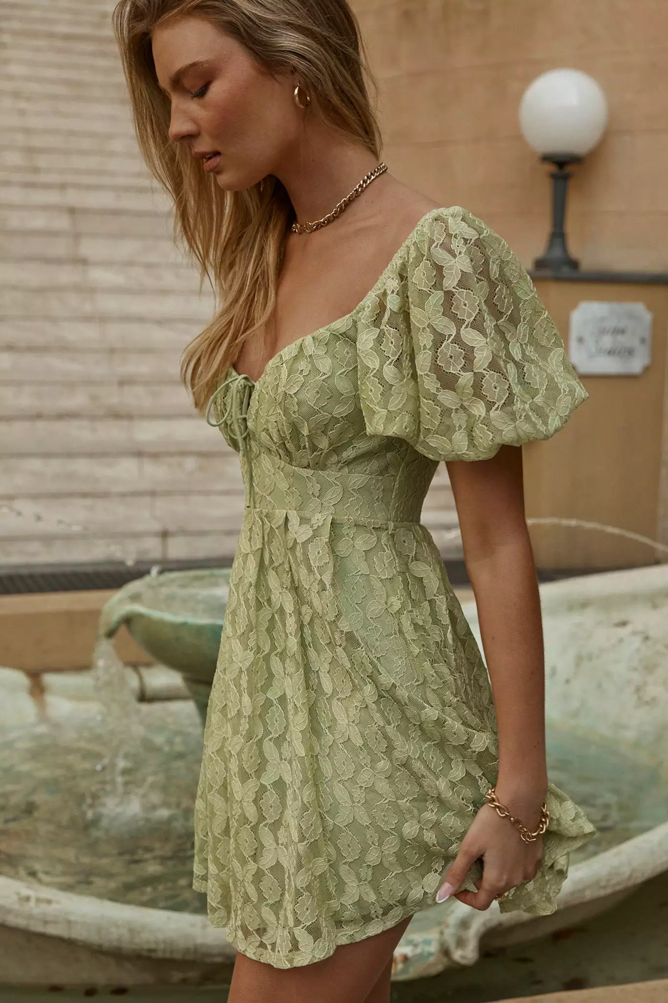 Selfie Leslie Lovers Gonna Love Puff Sleeve Lace Overlay Dress Sage - Image 7