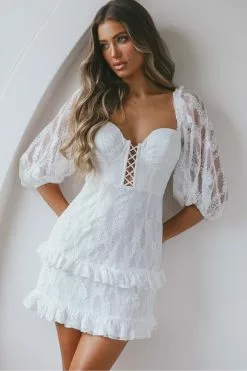 Selfie Leslie Hemingway Criss-Cross Bust Balloon Sleeve Frill Trim Lace Dress White
