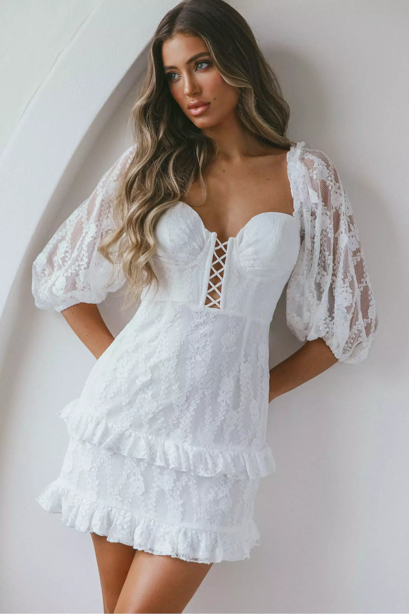 Selfie Leslie Hemingway Criss-Cross Bust Balloon Sleeve Frill Trim Lace Dress White
