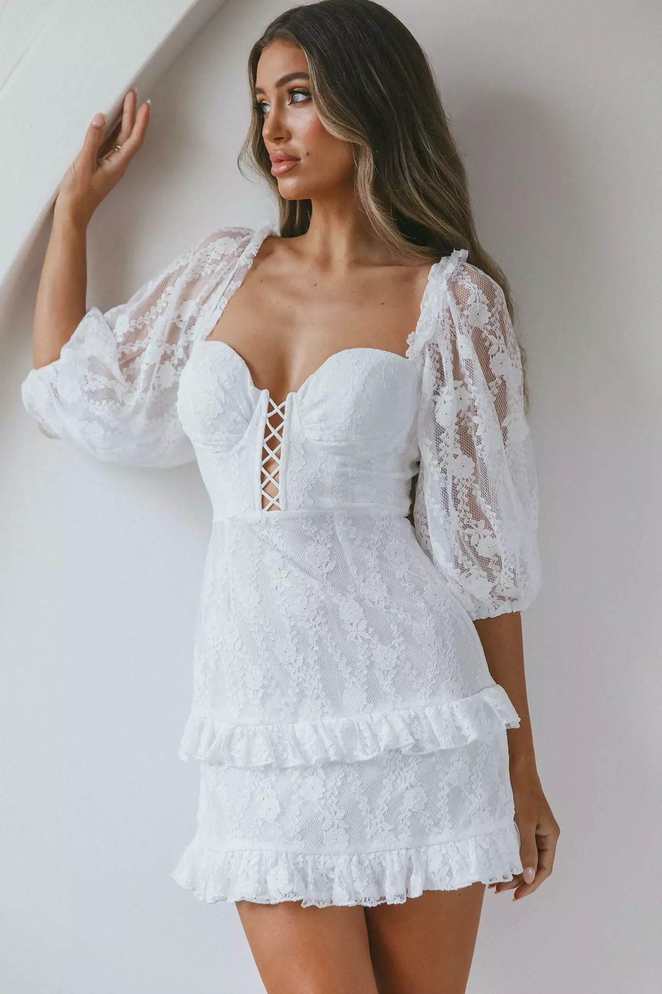 Selfie Leslie Hemingway Criss-Cross Bust Balloon Sleeve Frill Trim Lace Dress White - Image 8