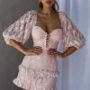 Selfie Leslie Hemingway Criss-Cross Bust Balloon Sleeve Frill Trim Lace Dress Blush