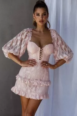 Selfie Leslie Hemingway Criss-Cross Bust Balloon Sleeve Frill Trim Lace Dress Blush