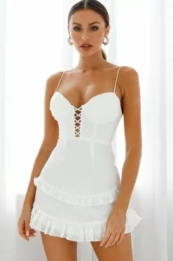 Selfie Leslie Hemingway Criss-Cross Bust Frill Trim Dress Floral Print White