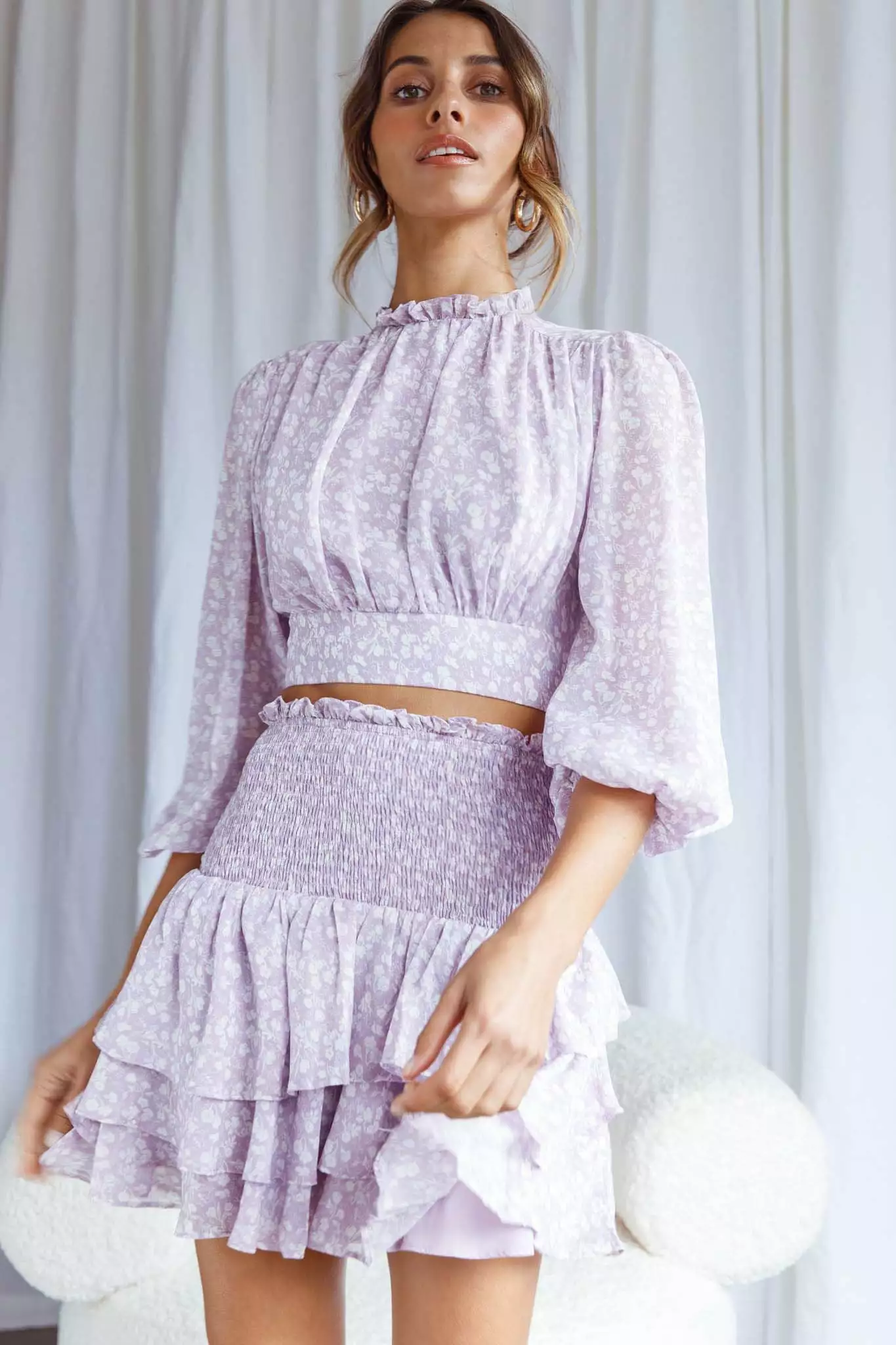 Whisked Away Balloon Sleeve Open Back Crop Top Floral Print Lilac - Image 7