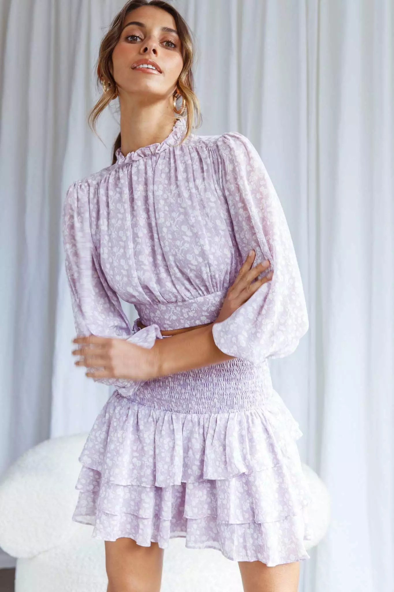 Whisked Away Balloon Sleeve Open Back Crop Top Floral Print Lilac - Image 8