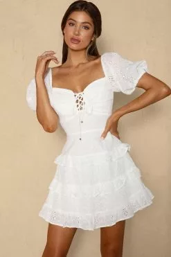 Selfie Leslie Beach Bliss Lace-Up Bust Eyelet Dress White