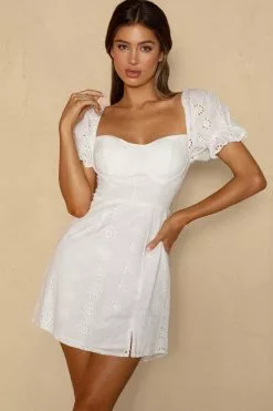 Selfie Leslie Norma Jean Puff Sleeve Piping Trim Eyelet Mini Dress White