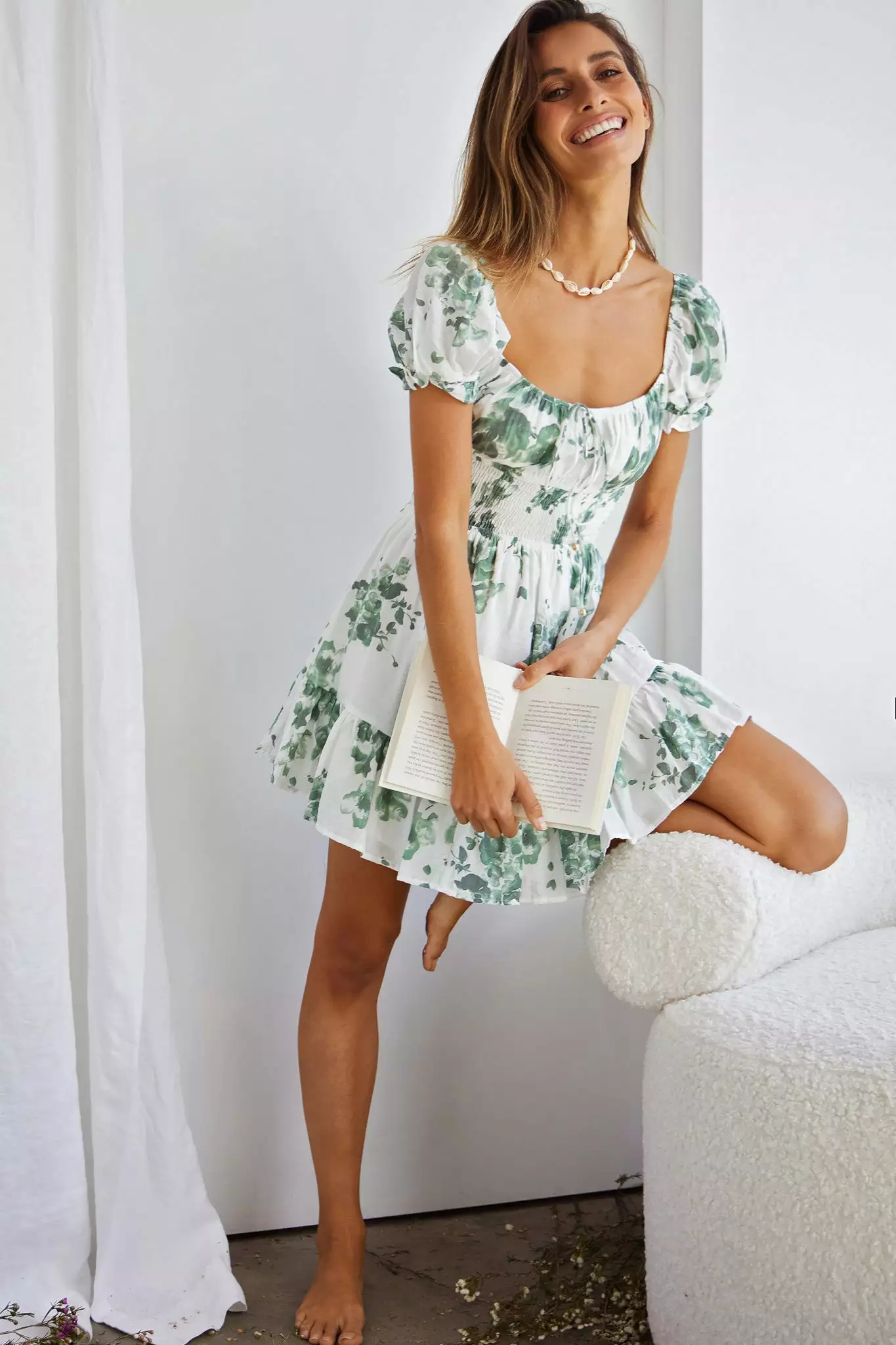 Selfie Leslie Amilie Shirred Waist Sundress Floral Print White/Olive - Image 3