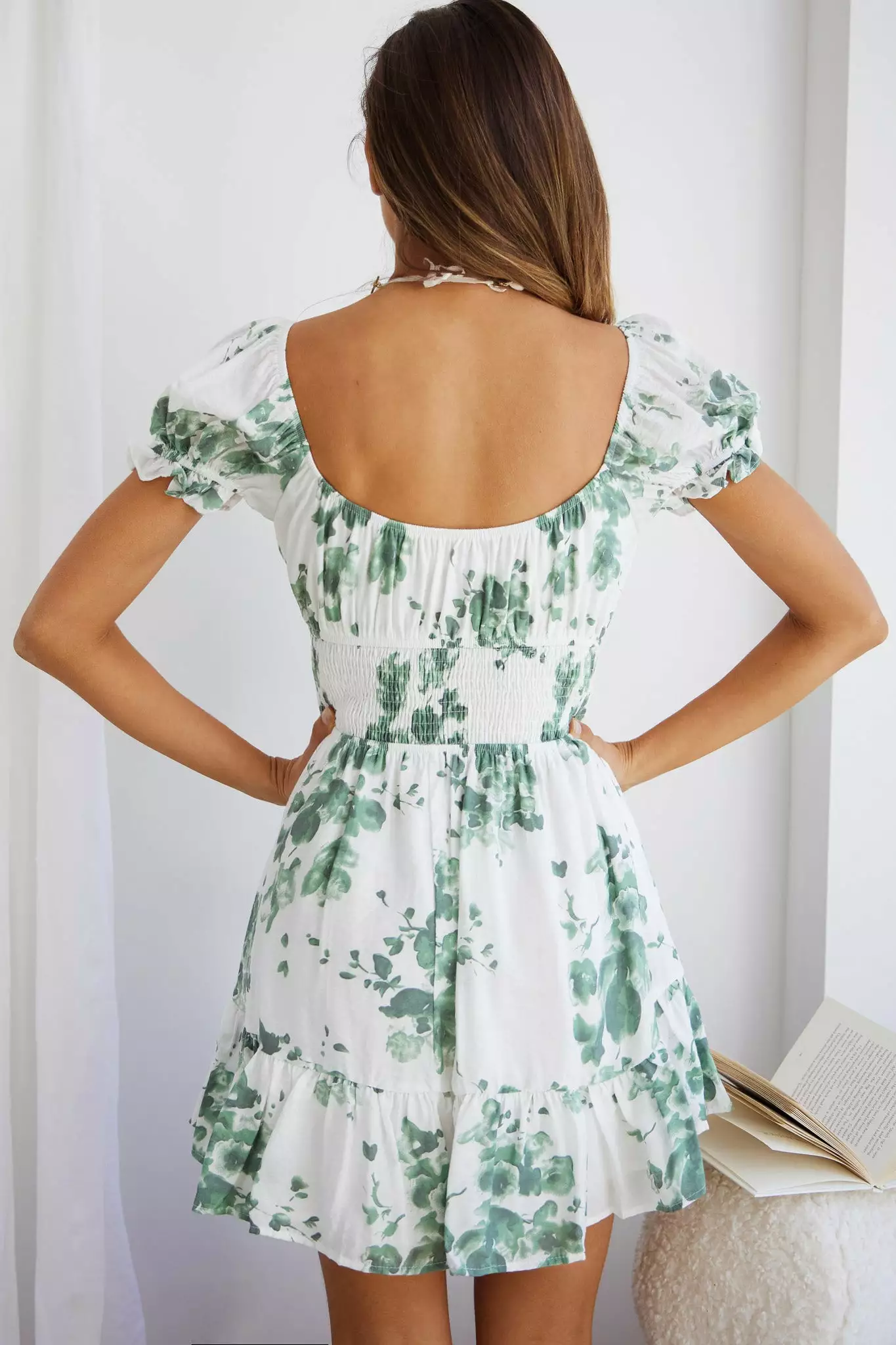 Selfie Leslie Amilie Shirred Waist Sundress Floral Print White/Olive - Image 2