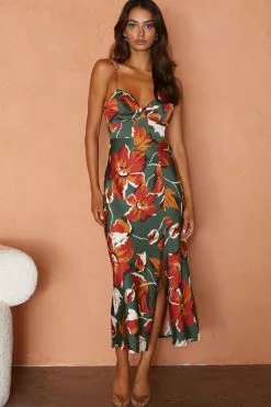 Selfie Leslie Missoula Cami Strap Padded Bust Midi Dress Floral Print Green