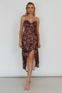 Here Comes The Sun Missoula Cami Strap Padded Bust Midi Dress Printed Brown