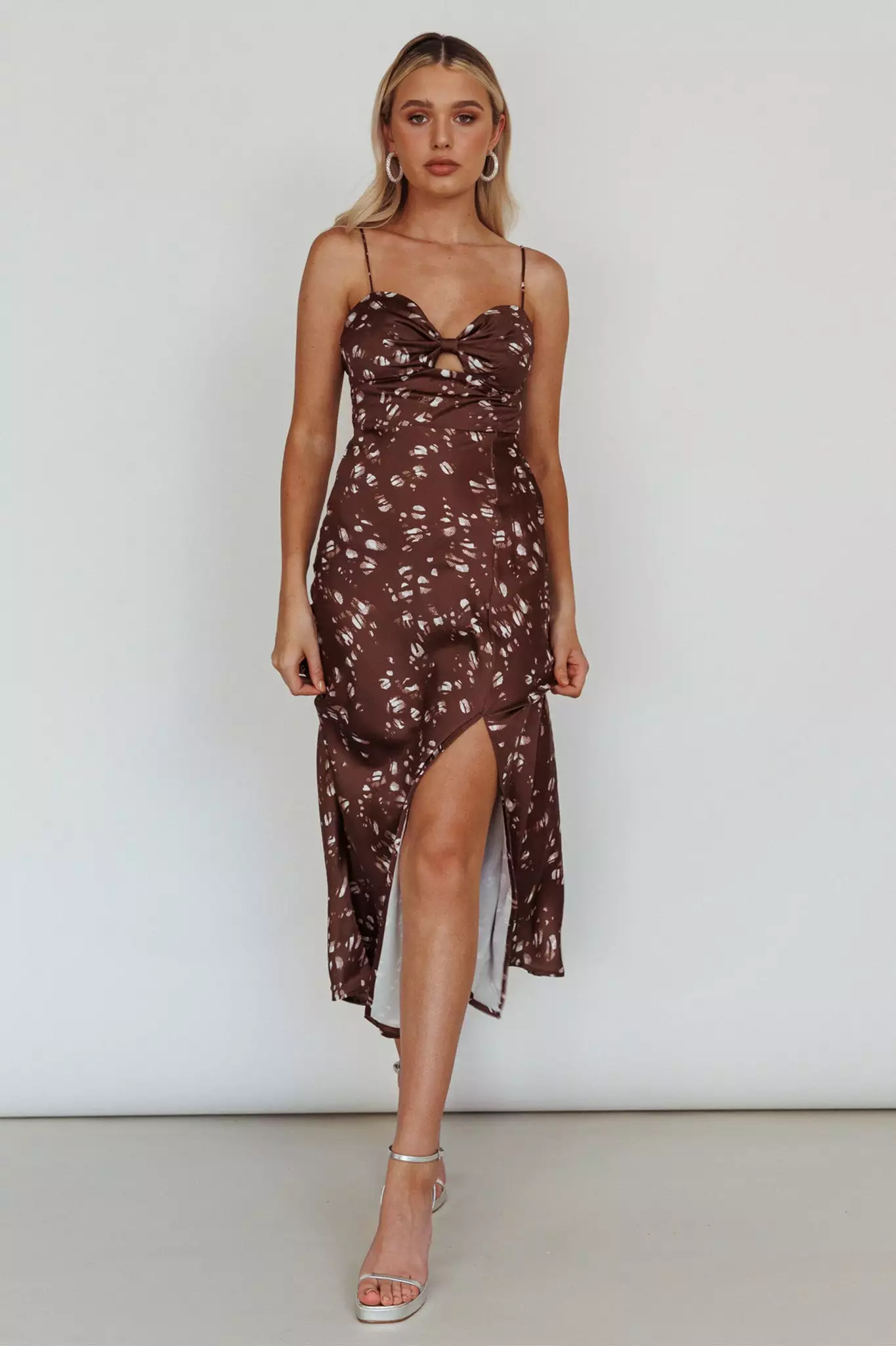 Here Comes The Sun Missoula Cami Strap Padded Bust Midi Dress Printed Brown