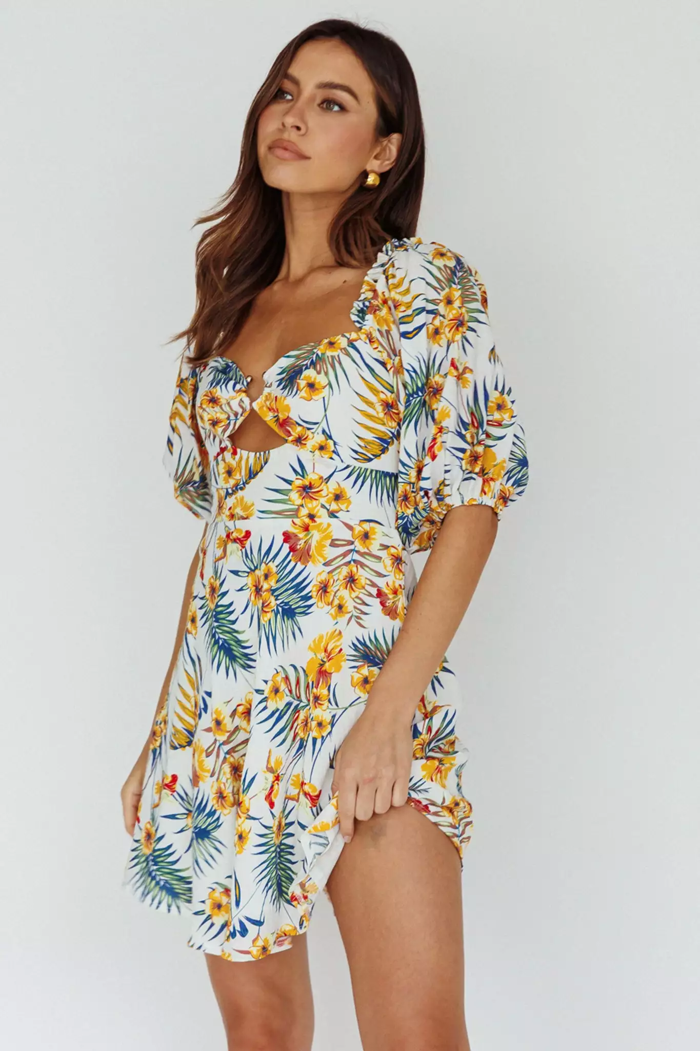 INDIKAH Alpha Cut-Out Bodice Mini Dress Floral White - Image 5