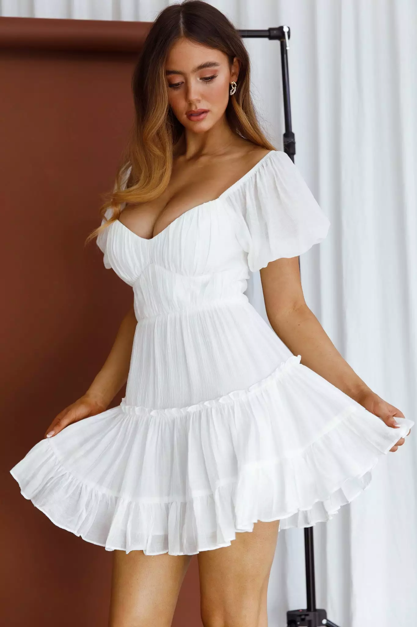 Selfie Leslie Camille Gathered Bodice Puff Sleeve Flounce Hem Mini Dress White
