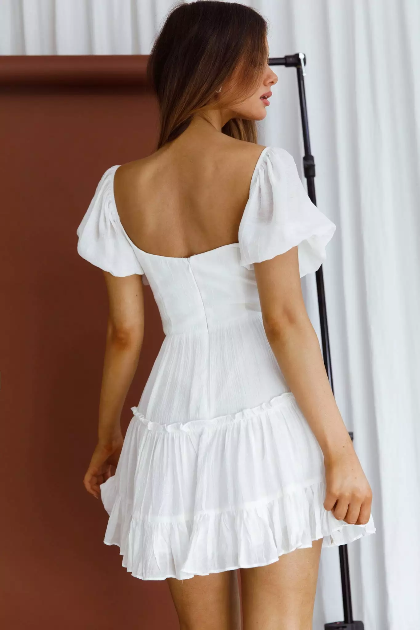 Selfie Leslie Camille Gathered Bodice Puff Sleeve Flounce Hem Mini Dress White - Image 2