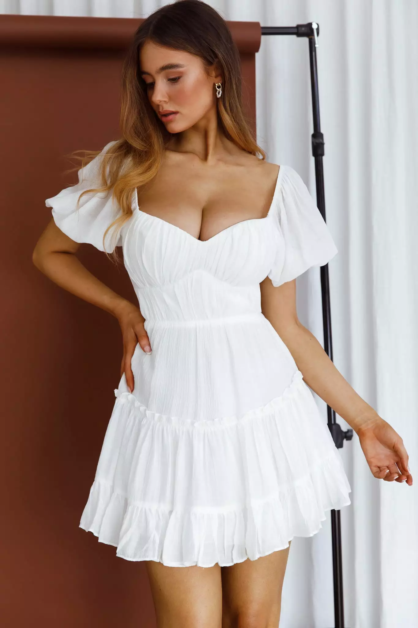 Selfie Leslie Camille Gathered Bodice Puff Sleeve Flounce Hem Mini Dress White - Image 7