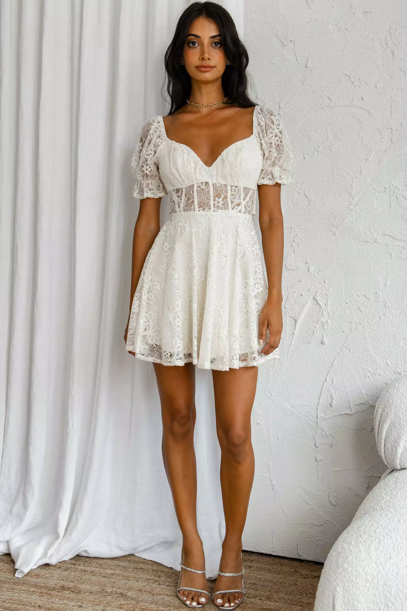 Selfie Leslie Soho Puff Sleeve Tied Back Lace Mini Dress Cream - Image 3
