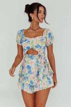Angel Biba Whimsical Cut-out Bodice Romper Floral Blue
