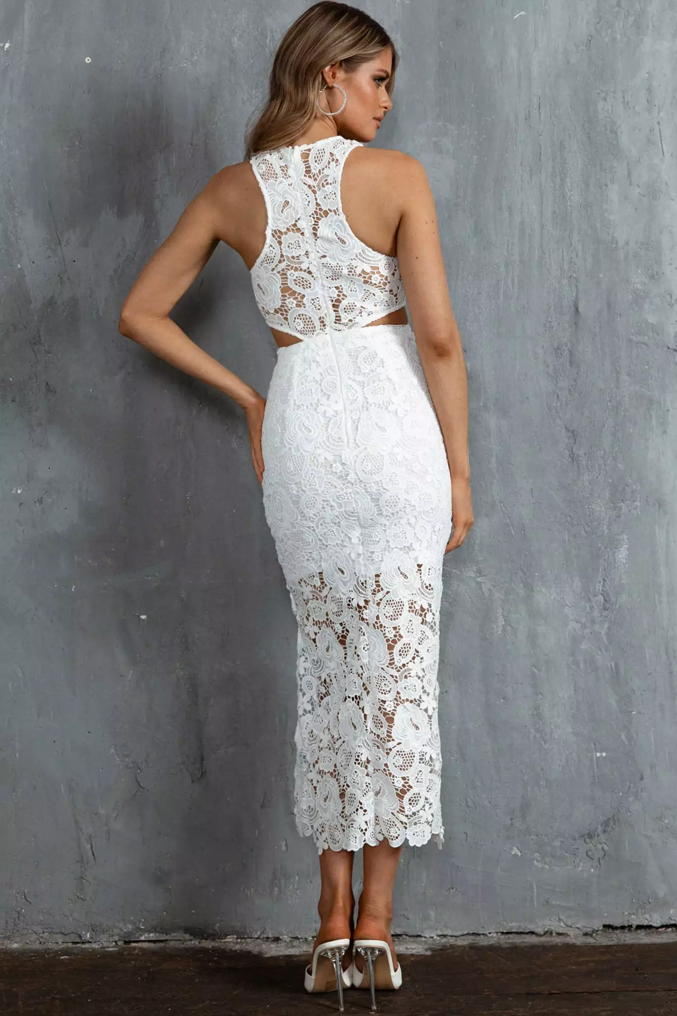 Fiorentina Lace Overlay Midi Dress White - Image 2