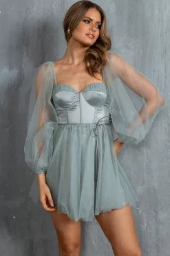 Angel Biba Fairytale Dream Sheer Sleeve Mini Dress Sage