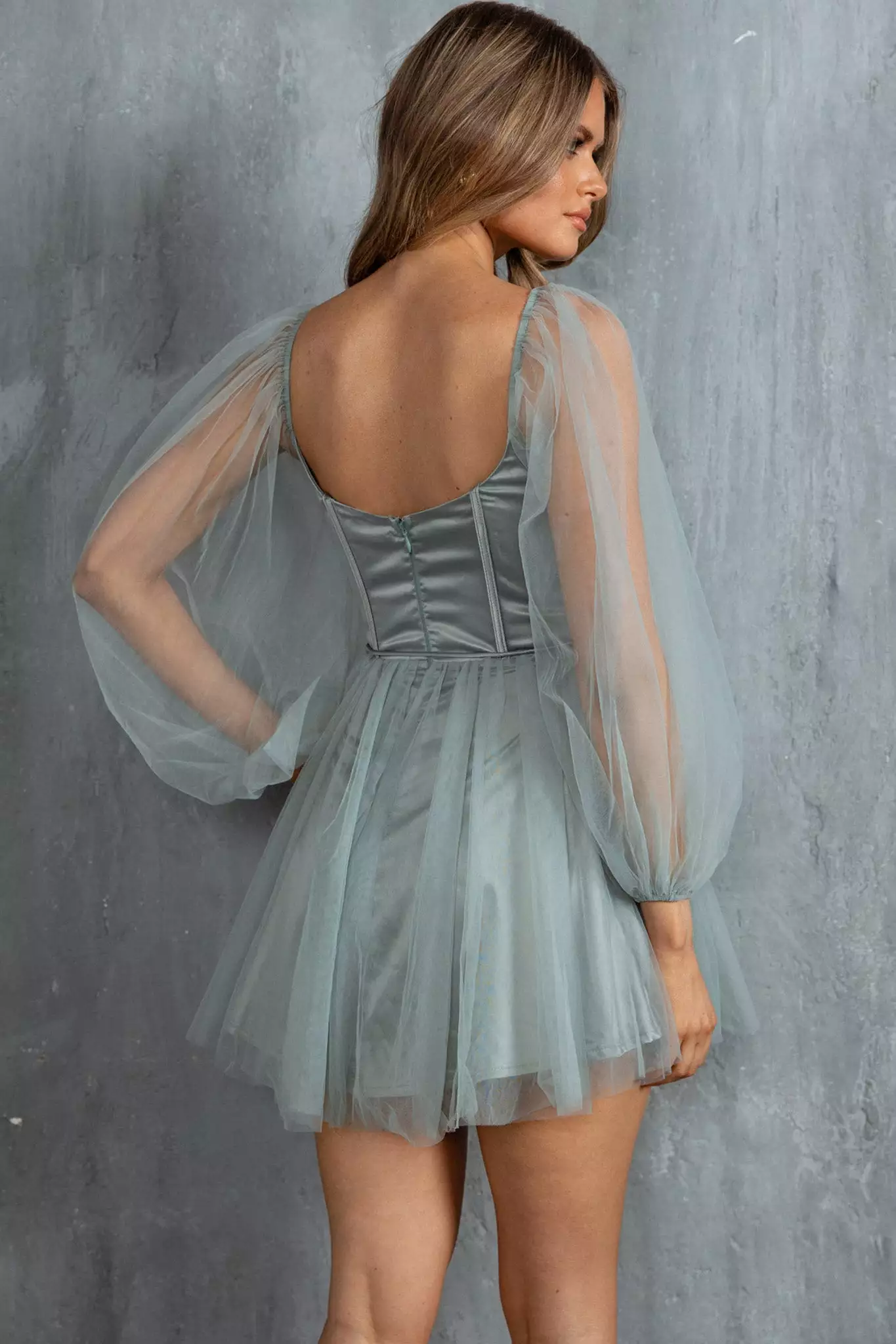 Angel Biba Fairytale Dream Sheer Sleeve Mini Dress Sage - Image 2