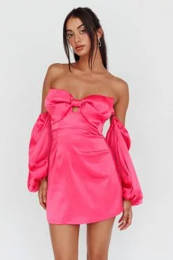 Saints + Secrets Lilly Off-Shoulder Bow Mini Dress Pink