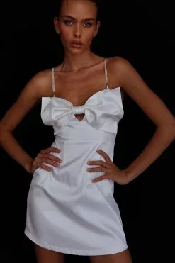 Selfie Leslie Lilly Bow Diamante Mini Dress White